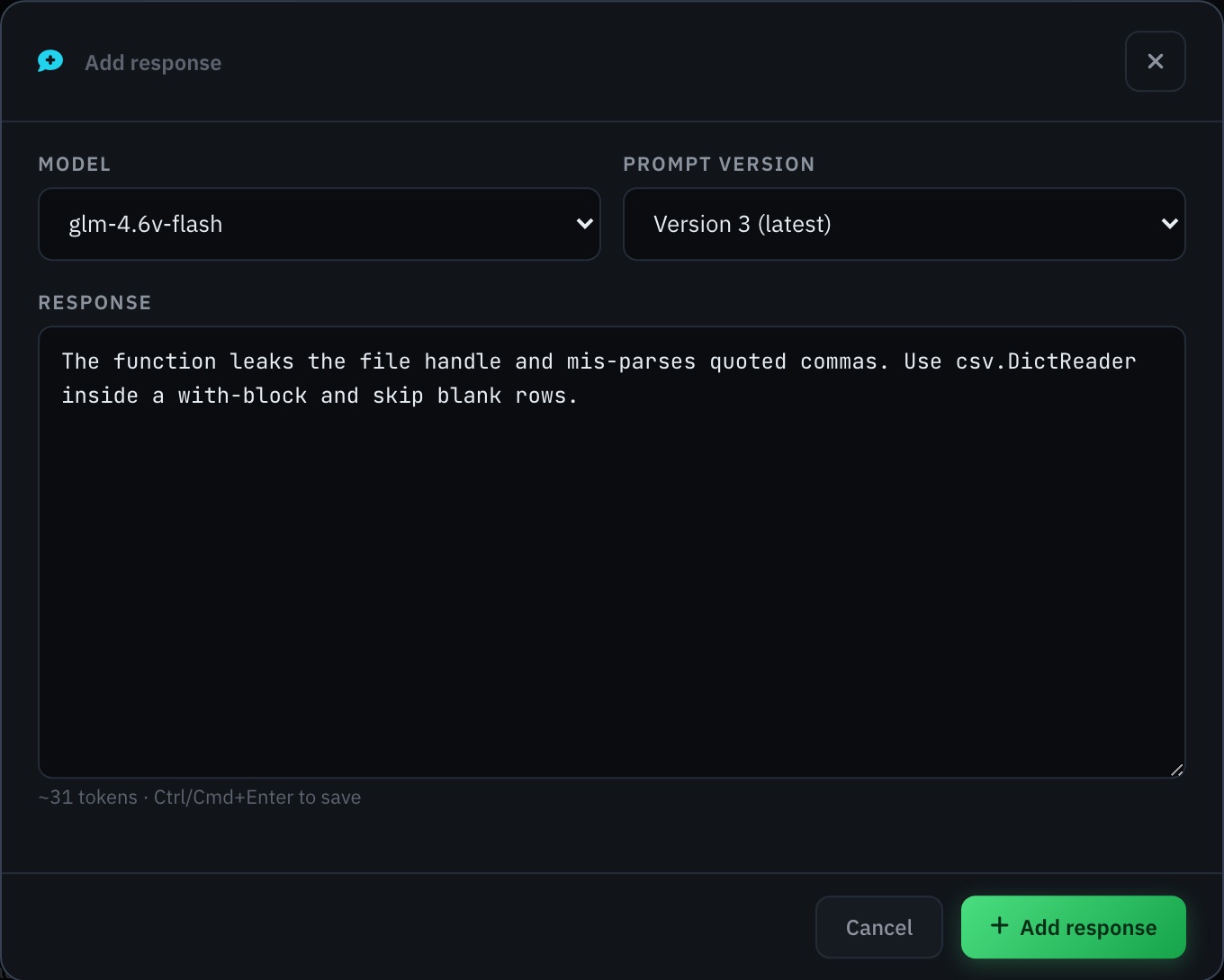 Add response dialog with model and prompt version pickers and the pasted response