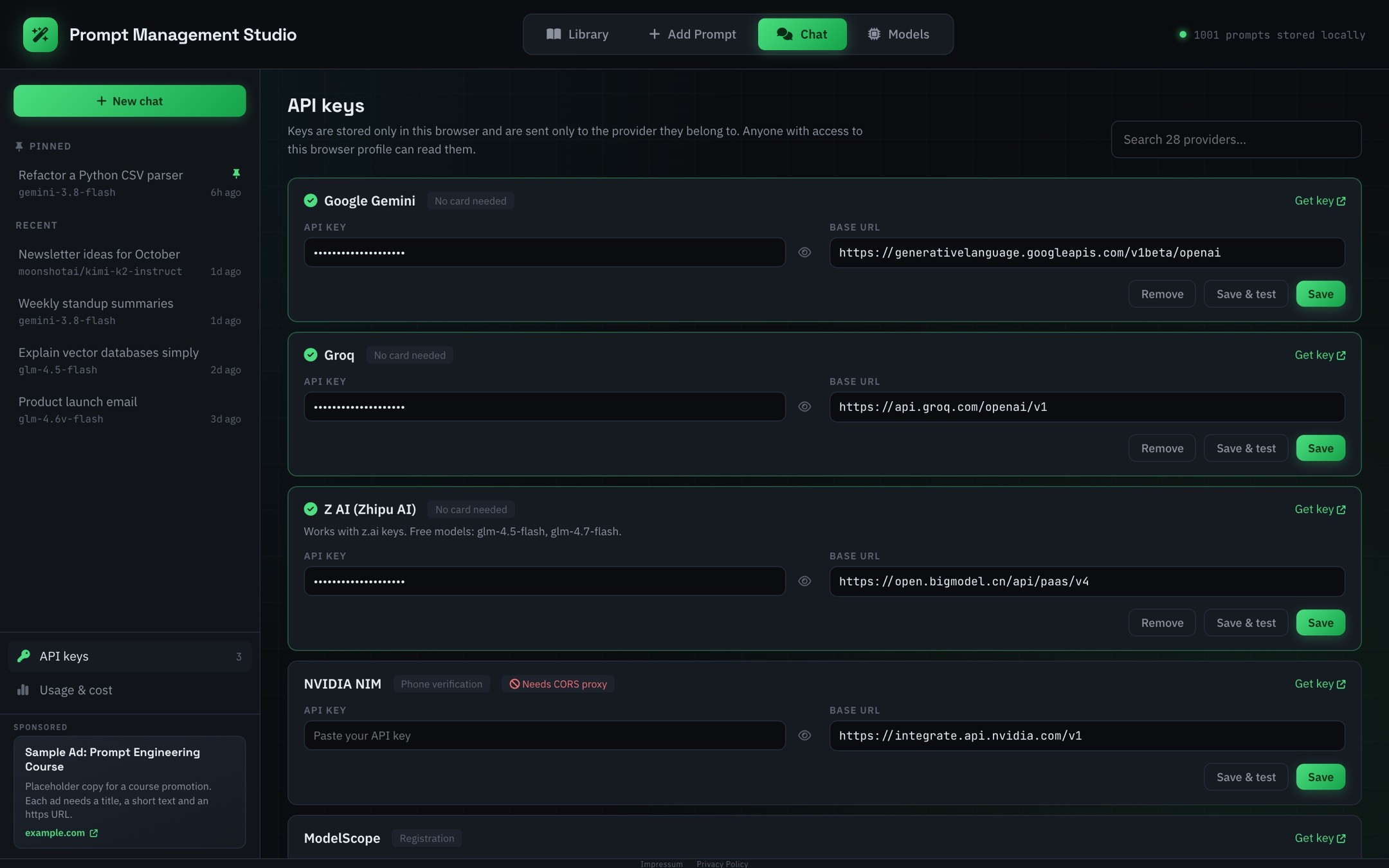 API keys panel with three saved keys