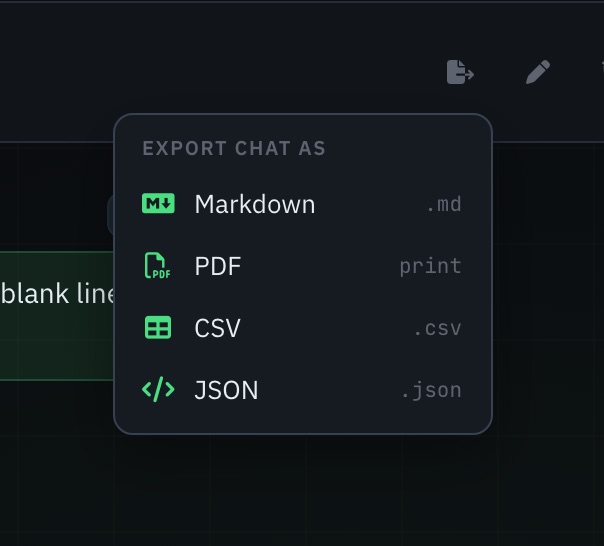 Export menu with Markdown, PDF, CSV and JSON
