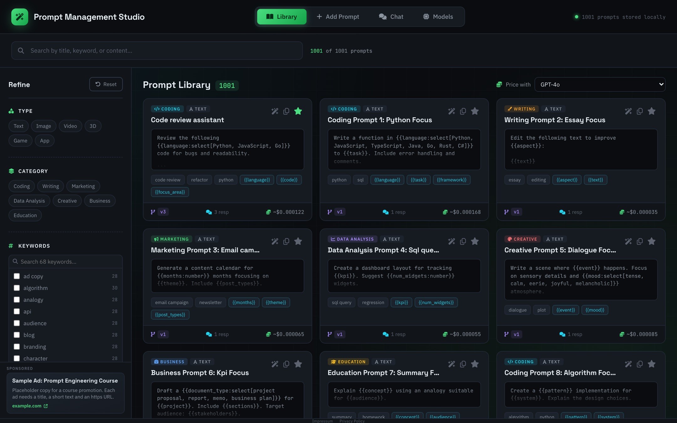 The Prompt Management Studio library: filters on the left, prompt cards with categories, placeholders, versions and estimated cost