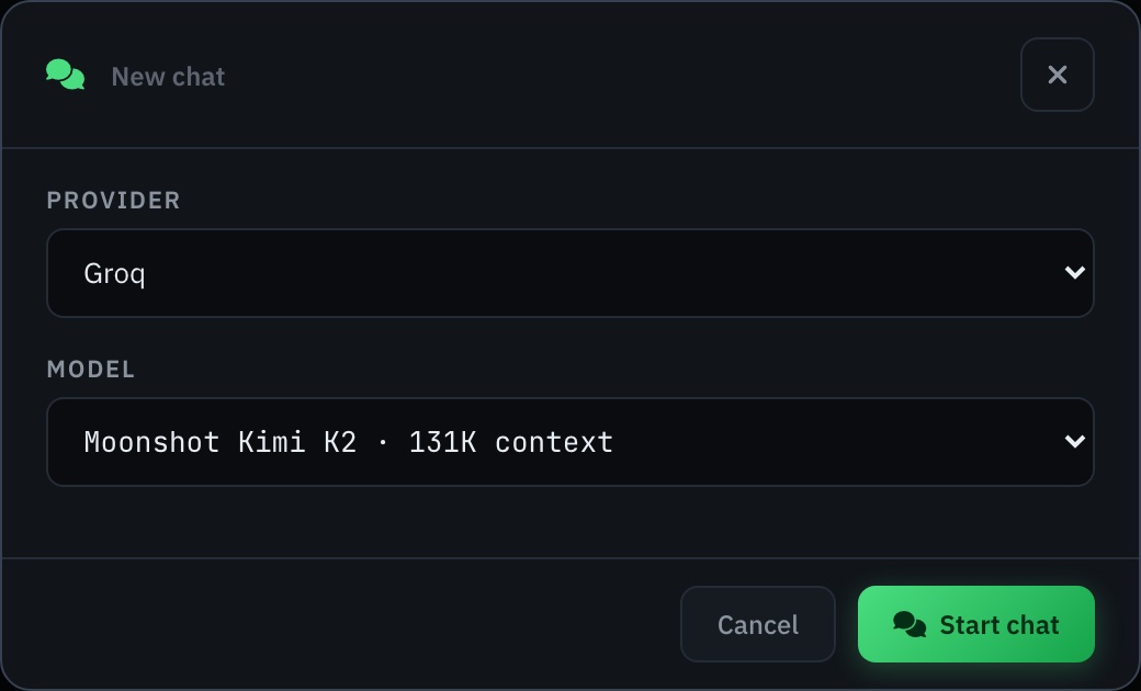 New chat dialog with provider and model